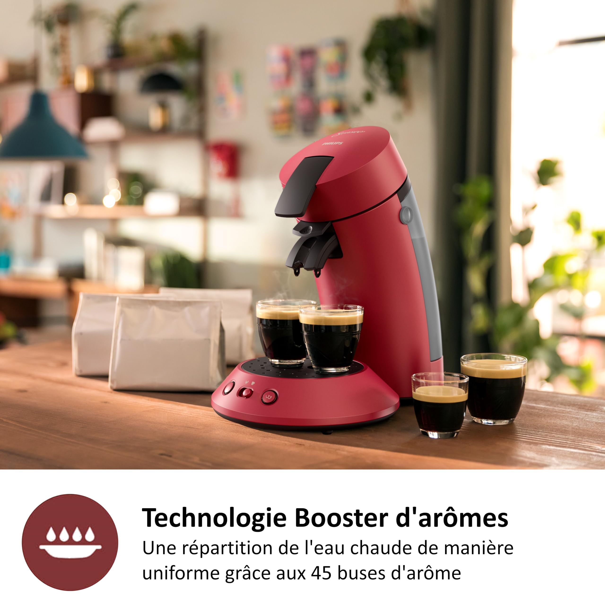 Machine à Café à Dosettes – 1 ou 2 Tasses, Booster d'Arômes, Crème Plus, Intensité Ajustable, Rouge, CSA210/91